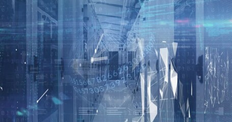 Animation of data processing over spinning globe and plexus networks against computer server room - Powered by Adobe