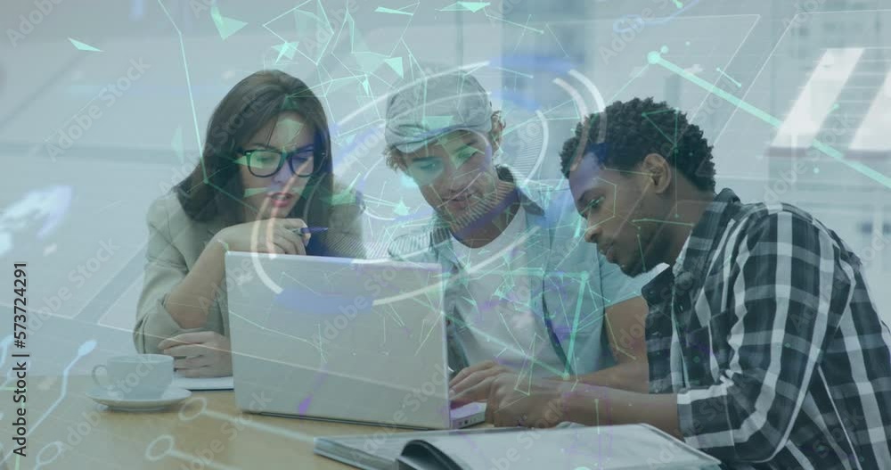 Aufkleber animation of plexus networks and data processing over three diverse colleagues discussing at office