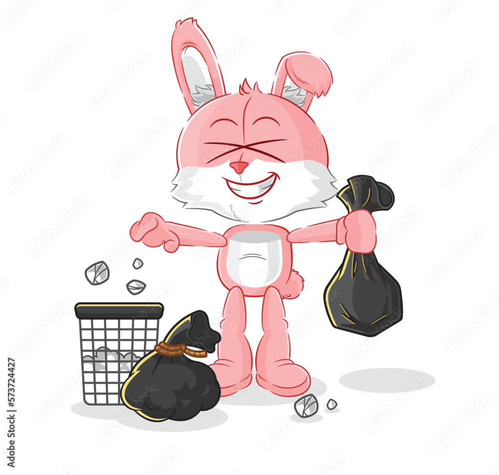 Poster pink bunny throw garbage mascot. cartoon vector