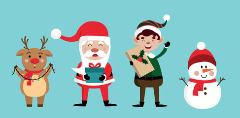 Christmas characters set. Elf, deer, santa and snowman with gifts in their hands. Winter holidays and new year. Fairy tales and fantasy. Cartoon flat vector illustrations isolated on blue background