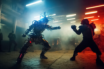 Duel between cyborg warriors of dark future underworld.