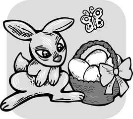 Easter bunny with basket, eggs, flowers, butterfly. Decorative vector design composition for poster print, greeting card, kids party invitation. Hand drawn illustration. Vintage cartoon style drawing.