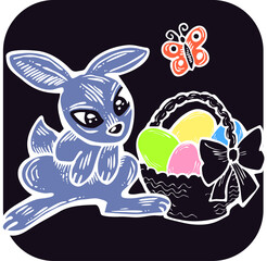 Easter bunny with basket, eggs, flowers, butterfly. Decorative vector design composition for poster print, greeting card, kids party invitation. Hand drawn illustration. Vintage cartoon style drawing.