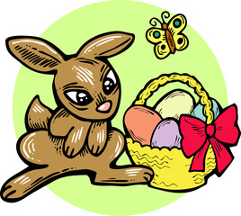 Easter bunny with basket, eggs, flowers, butterfly. Decorative vector design composition for poster print, greeting card, kids party invitation. Hand drawn illustration. Vintage cartoon style drawing.
