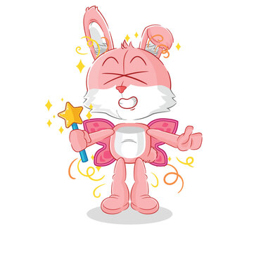 pink bunny fairy with wings and stick. cartoon mascot vector