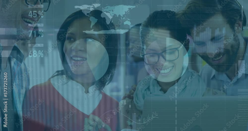 Poster animation of statistical data processing over diverse colleagues smiling looking at laptop at office