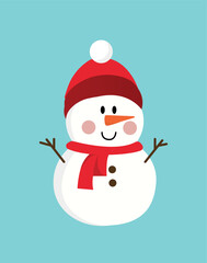 Christmas snowman concept. Symbol of winter holidays, New Year and Christmas. Fictional character, imagination and fantasy, fairy tale. Character in red scarf and hat. Cartoon flat vector illustration