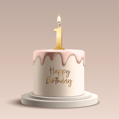 One Year. Vector Birthday Anniversary Sweet Cake. Greeting Card, Banner with 3d Realistic Burning Golden Birthday Party Candle, Number, Flame. Icon Design Template for Birthday Concept. Front View