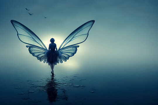 fairy with wings walking on water