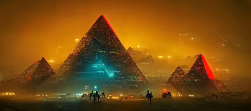 pyramids and aliens, the image depicts the mystery of ancient egypt pyramids with the blue lights of alien technology.