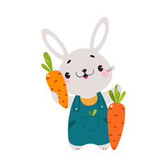 Cute Bunny Character Holding Ripe Carrot Crop Vector Illustration