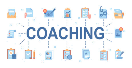Coaching banner concept. Education and training, selfdevelopment. Motivation and leadership, business processes. Icon collection with time management, goal setting. Cartoon flat vector illustration