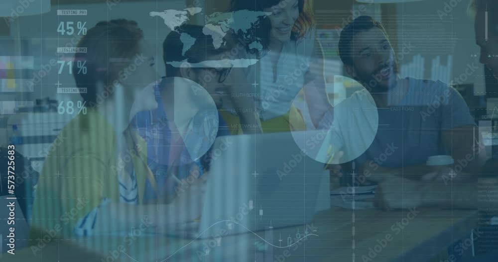 Poster animation of statistical data processing against diverse colleagues discussing together at office