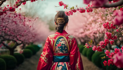 Obraz premium Asian woman in kimono in scenic cherry blossom garden, sakura in Japan. digital ai art