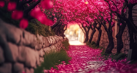 Sakura Cherry blossoming alley. Wonderful scenic park with rows of blooming cherry sakura trees in spring. Pink flowers of cherry tree. digital ai art