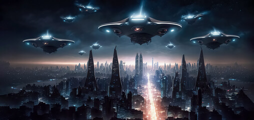UFO Armada over downtown. giant alien spaceships over the city. UFO invasion over the city of the planet Earth. Extraterrestrial civilizations, Extraterrestrial Intelligence. digital ai art.	