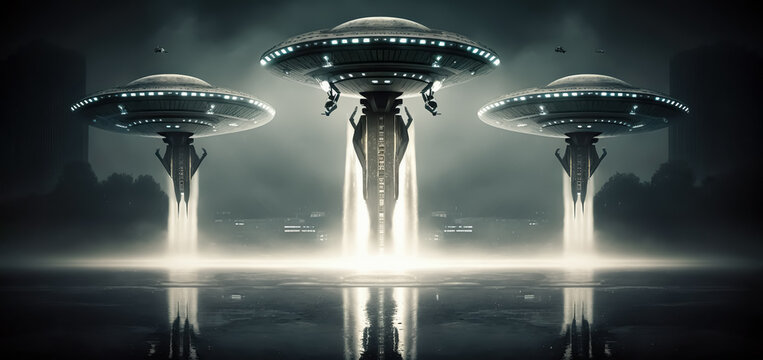 UFO Armada over downtown. giant alien spaceships over the city. UFO invasion over the city of the planet Earth. Extraterrestrial civilizations, Extraterrestrial Intelligence. digital ai art.	