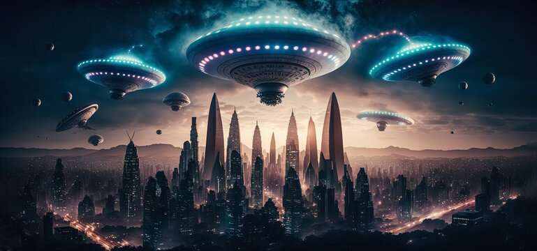 UFO Armada over downtown. giant alien spaceships over the city. UFO invasion over the city of the planet Earth. Extraterrestrial civilizations, Extraterrestrial Intelligence. digital ai art.	