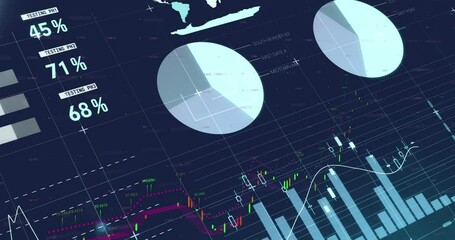Animation of statistical data processing over grid network against blue background - Powered by Adobe