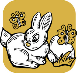 Easter bunny with basket, eggs, flowers, butterfly. Decorative vector design composition for poster print, greeting card, kids party invitation. Hand drawn illustration. Vintage cartoon style drawing.