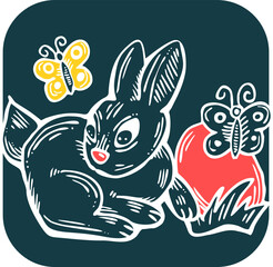 Easter bunny with basket, eggs, flowers, butterfly. Decorative vector design composition for poster print, greeting card, kids party invitation. Hand drawn illustration. Vintage cartoon style drawing.