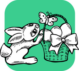 Easter bunny with basket, eggs, flowers, butterfly. Decorative vector design composition for poster print, greeting card, kids party invitation. Hand drawn illustration. Vintage cartoon style drawing.
