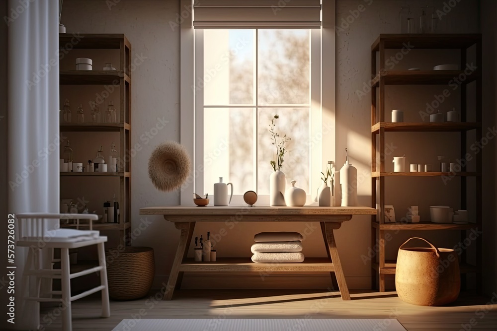 Aufkleber a wooden table in front of a hazy window and some shelves in a bathroom. generative ai