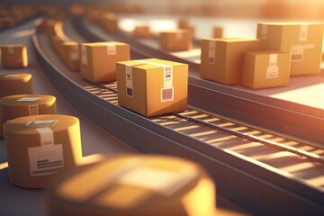 Naklejka na ściany i meble Cardboard boxes and packages move on an autonomous conveyor belt in a logistics center. Ai generated