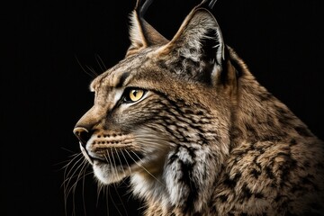 Fototapeta premium Portrait of a beautiful Iberian lynx, in black background. Ai generated