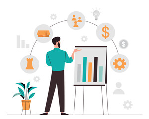 Competitive intelligence concept. Man stands near whiteboard and analyzes graphs, diagrams and charts. Data evaluation and work with statistics, infographics. Cartoon flat vector illustration