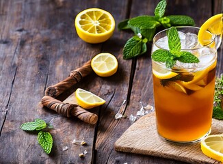 fresh lemonade with lemon and mint on wooden background