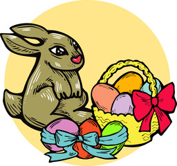 Easter bunny with basket, eggs, flowers, butterfly. Decorative vector design composition for poster print, greeting card, kids party invitation. Hand drawn illustration. Vintage cartoon style drawing.