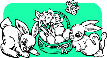 Easter bunny with basket, eggs, flowers, butterfly. Decorative vector design composition for poster print, greeting card, kids party invitation. Hand drawn illustration. Vintage cartoon style drawing.