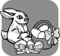 Easter bunny with basket, eggs, flowers, butterfly. Decorative vector design composition for poster print, greeting card, kids party invitation. Hand drawn illustration. Vintage cartoon style drawing.