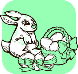 Easter bunny with basket, eggs, flowers, butterfly. Decorative vector design composition for poster print, greeting card, kids party invitation. Hand drawn illustration. Vintage cartoon style drawing.