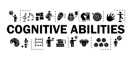 Cognitive abilities banner concept. Collection of black icons. Brain work and information evaluation, creativity and art, planning. Cartoon flat vector illustrations isolated on white background