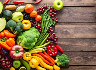 fresh vegetables and fruits on a wooden background. top view.
