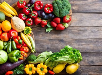 fresh vegetables and fruits on a wooden background. top view.