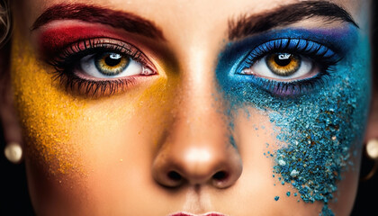 Close up shot female eyes colorful makeup, eyeshadow and glitter. Generative AI - obrazy, fototapety, plakaty