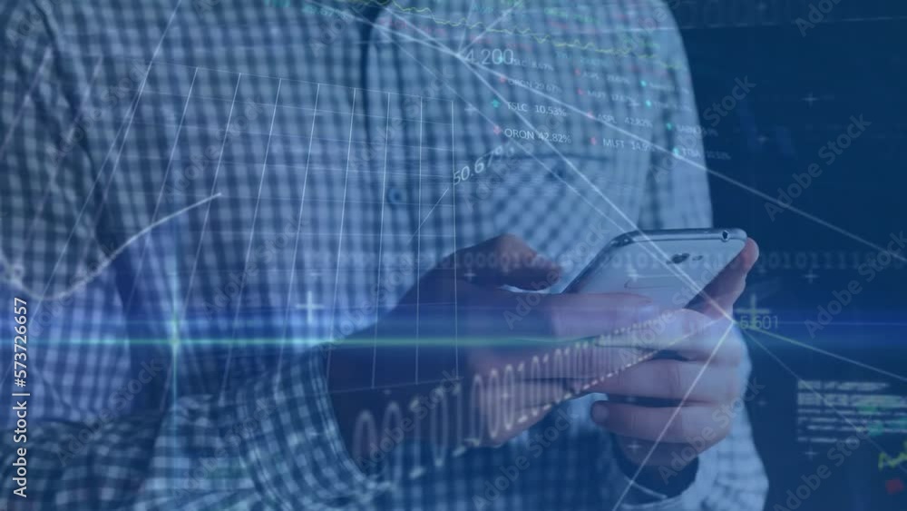 Poster animation of stock market data processing over mid section of a man using smartphone