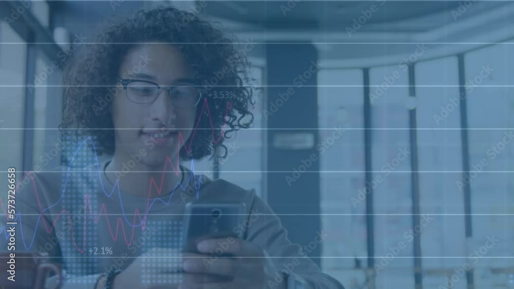 Poster animation of statistical data processing over biracial man using smartphone at a cafe