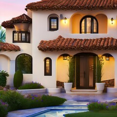Fototapeta na wymiar Image of a neo-mediterranean house with a barrel tile roof and stucco exterior 2_SwinIRGenerative AI
