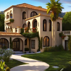 Fototapeta na wymiar Image of a neo-mediterranean style house built on a sloped lot with a tiered backyard 2_SwinIRGenerative AI