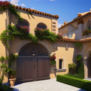 Image of a neo-mediterranean style house that is L-shaped with a side courtyard 1_SwinIRGenerative AI