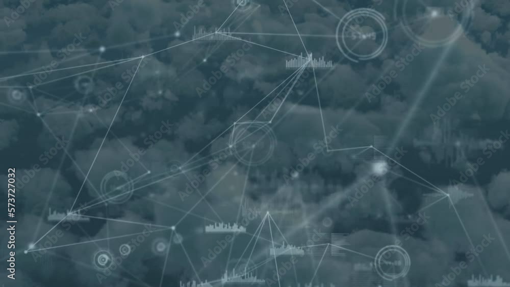 Aufkleber animation of red particles over network of connections and data processing against clouds in the sky