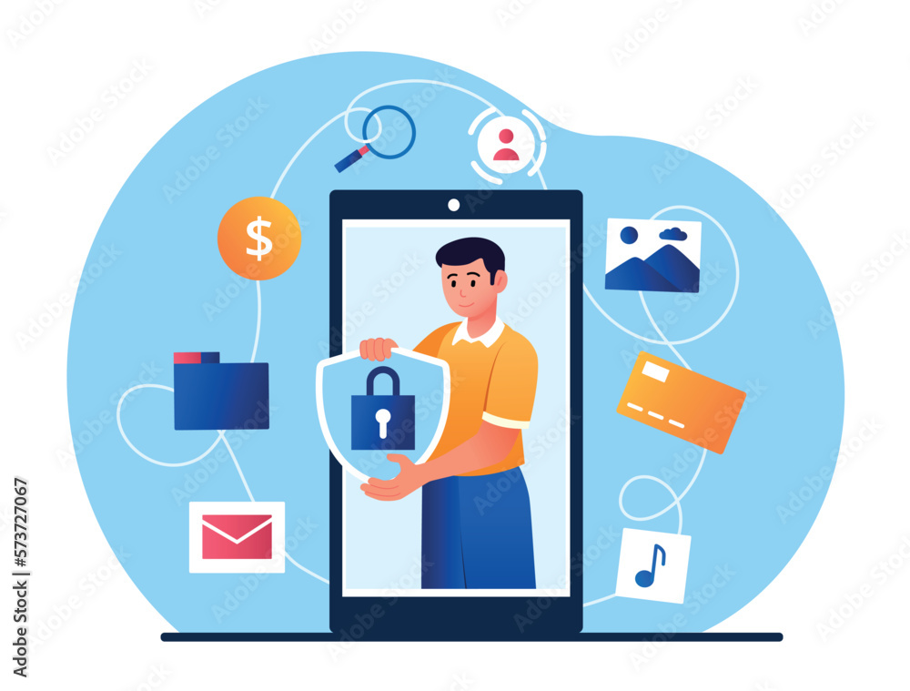 Poster data security concept. man with shield with padlock inside in hands on screen of smartphone. antivir