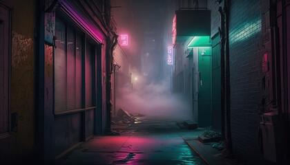 A photo-realistic depiction of a Cyberpunk alleyway with neon signs, volumetric lighting, and wispy low fog - a stunning wallpaper background - obrazy, fototapety, plakaty