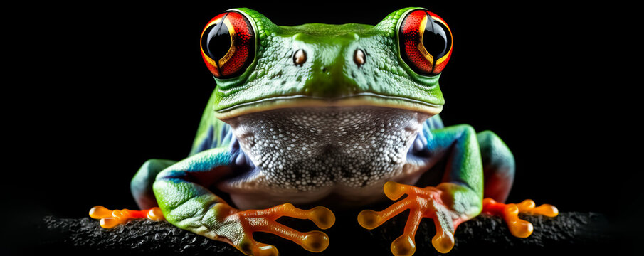Red eyed frog, Close up of a red eyed tree frog,  very colorful, image on black background.  Created with generative ai
