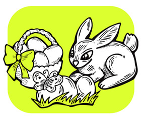 Easter bunny with basket, eggs, flowers and butterfly. Decorative design composition for poster print, greeting card, kids party invitation. Hand drawn illustration. Vintage cartoon style drawing.