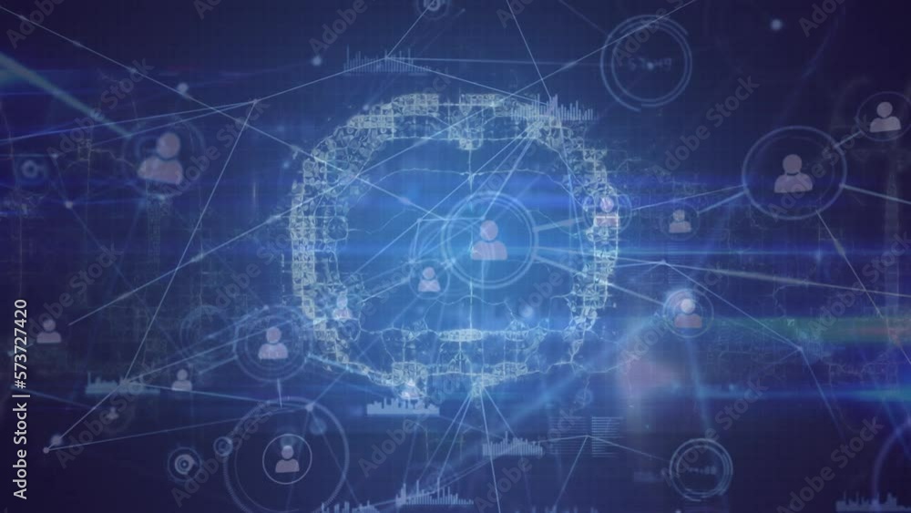 Aufkleber animation of network of profile icons and data processing against human brain icon and light trails